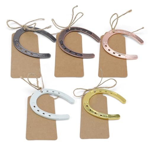 FINELYCR 5 Stück Hufeisen Glücksbringer, mit Muster Graviert Hufeisen Deko, mit Hanfschnur und Kraftpapier-Etikett Hufeisen, Geeignet für Hochzeiten, Geburtstagsfeiern und Andere Dekorative Anlässe