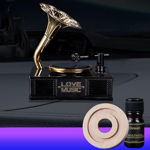 Difusor de coche giratorio alimentado por energía solar diseñado como adorno de fonógrafo, ambientador para vehículos y mostradores con tabletas de fragancia de extracto de plantas (negro dorado