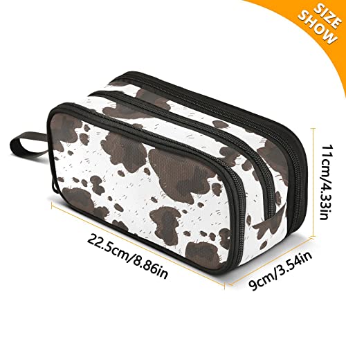Image of ZAZYXTJ Cow Print Large Capacity Pencil Case 3 Compartment Pen Pouch Storage Canvas Makeup Bag for School Office Teen Girl Boy Men Women