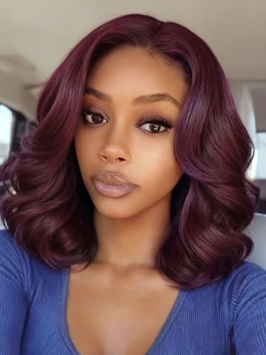 Image of Beauty Forever Black Cherry Glueless Bob Wig Human Hair, HD Lace Body Wave Bob with Face Framing Bangs, Pre Cut Pre Plucked Wear and Go Wig, Natural Blowout Look 12inch