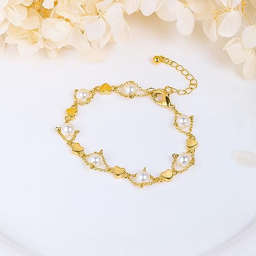 Image of Gold Pearl Bracelet for Women, REAL 14K Gold Plated Double Layered Dainty Pearls Bracelet, Elegant Stackable Flower Jewelry Gift for Her with OT Clasp
