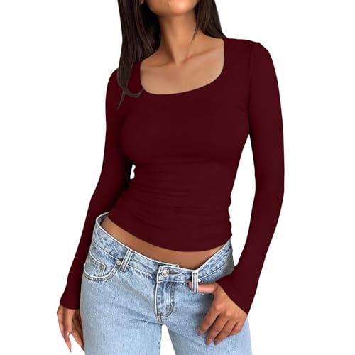 WYTong Compression Shirt Women Women's Slim Tops Long Sleeve Square Neck Shirt Top Solid Color Tight Slim Fit Top 2025 Summer Basic Tee Shirts (Wine-A, M)