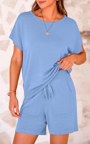 PRETTYGARDEN Two Piece Set For Women Summer Lounge Sets Shorts And Short Sleeve Tops Knitted Matching Travel Spring Outfits(Light Blue,M) — view 4