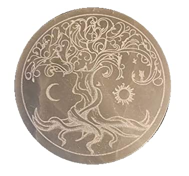 CrystalsAhoy 3" Tree of life Etched Selenite Charging Plate, Charge your crystals, Ethically mined, Etched in Appleton WI USA