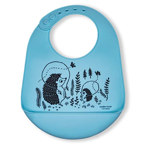 Image of Modern Twist Bucket-Bib 100% Food-Grade Silicone, Waterproof and Reusable, Headgehog Family – Cornflower Blue