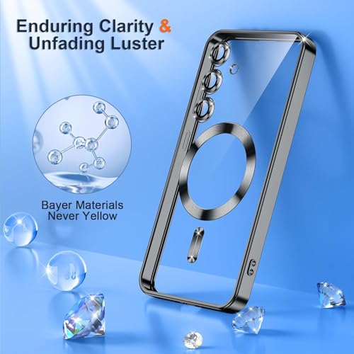 Image of VONZEE Clear Logo Electroplating Transparent Case for Samsung S25 FE 5G, Magnetic Plating [Support for MagSafe Charger] Electroplate TPU Cover, Individual Camera Protection for Each Lens - Black