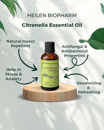 Image of Heilen Biopharm Citronella Essential Oil - 50 mL Per Bottle Pack of 1, For Stress Relief Aromatherapy Insect Repellent (Cymbopogon Nardus)