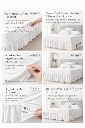 Image of Bed Skirt - Wrap Around Dust Ruffle Bed Frame Cover with Easy Fit Elastic Strap, Queen Size 24 Inch Drop, Microfiber Pleated, Machine Washable | Beige