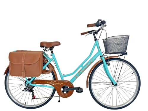 MADICKS Bicicleta de paseo Holanda para mujer, tamaño 26, bicicleta de ciudad vintage retro con cesta Tiffany – Turquesa con cambio de ciudad (Cestina de hierro y bolsas)