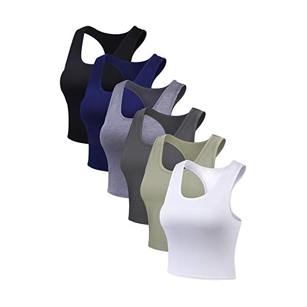 6-Pieces-Basic-Crop-Tank-Tops-Sleeveless-Racerback-Crop-Sport-Top-for-Women 6 Pieces Basic Sleeveless Racerback Sports Crop Tank Tops for Women Girls Daily Wearing (Black, White, Dark Grey, Navy, Grey, Olive, L)