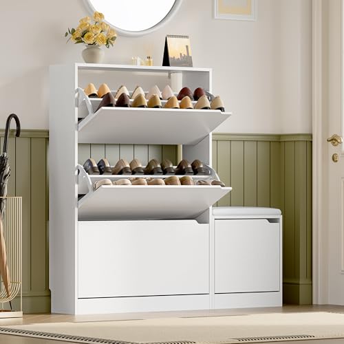 BORNOON Shoe Cabinet with Bench and 3 Flip Drawers Slim Narrow Shoe Storage Cabinet Freestanding Shoe Rack Organizer with Adjustable & Removable Shelves Anti-Tip for Entryway Hallway Foyer