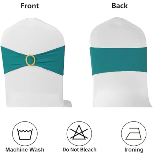 Image of Turquoise Chair Sashes 50 Pack, Spandex Turquoise Chair Bows with Gold Buckle for Wedding Decoration, Teal Chairs Bands for Party Banquet Gender Reveal Decor