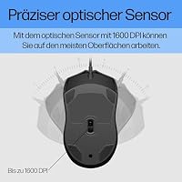 HP Maus 100 kabelgebunden – Optische USB-Maus mit 1600 DPI, 3 Tasten, beidhändiges ergonomisches Design, Plug & Play, für PC, Laptop, Windows, macOS – Schwarz – Ansicht 4