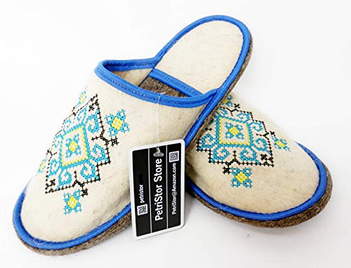 100% Natural Wool Felt Slippers Ukrainian Ornament Blue For Men Made In Ukraine By Petristor #TOP2
