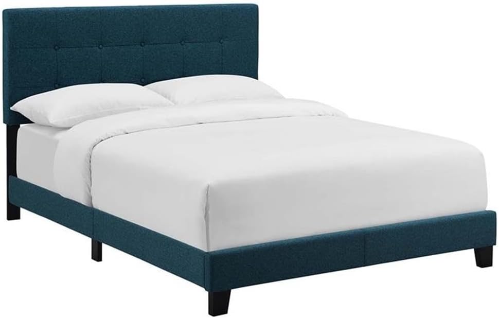 Pemberly Row Full Upholstered Bed, 45.5" H x 58" W x 80.5" D, Azure Blue Polyester Fabric, Button-Tufted Headboard, Wood Frame with LVL Slats, Modern Guest or Kids Bedroom Bed, 800 lb Weight Capacity