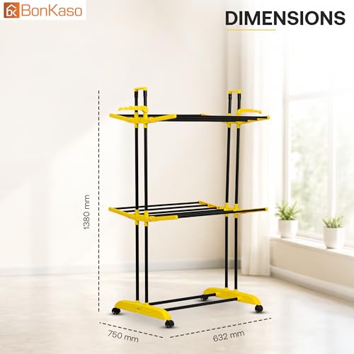Image of BonKaso AirFold Compact 2-Tier Double Pole Foldable Clothes Drying Stand, Portable Heavy Duty Alloy Steel Laundry Rack with 360 Wheels and 8 Hanger Slots, for Indoor and Outdoor Use, Black & Yellow