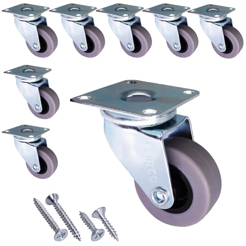 SKIR'CO (8 pièces) Roulettes pour Meubles 40 mm, Roues Pivotantes, Roulettes en Caoutchouc Gris avec Plaque de Montage en Métal, Vis Incluses