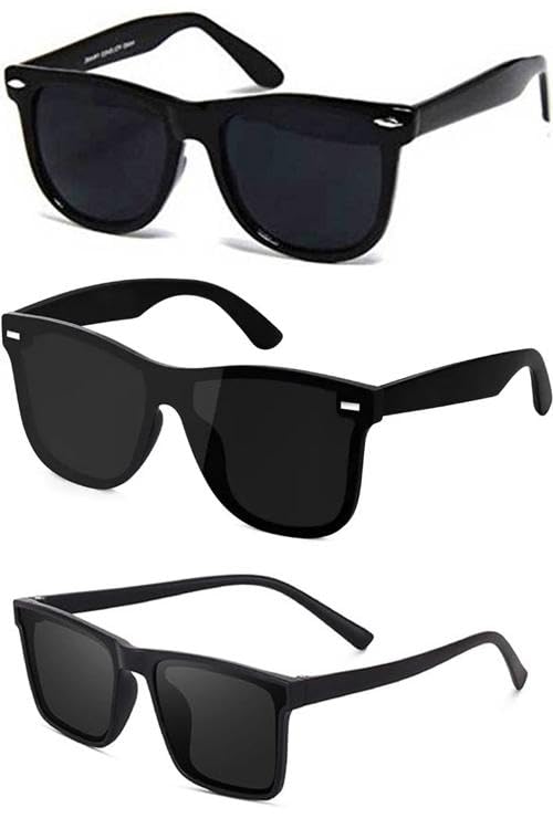 sheomy Combo offer Pack of 3 Square Non-Polarized Sunglasses Goggles::Karan Aujla Goggles:: Shades Combo Pack Of Full Black Shades With Black Goggles For Women::Goggles For Men MC-768 (Medium)-picture-26