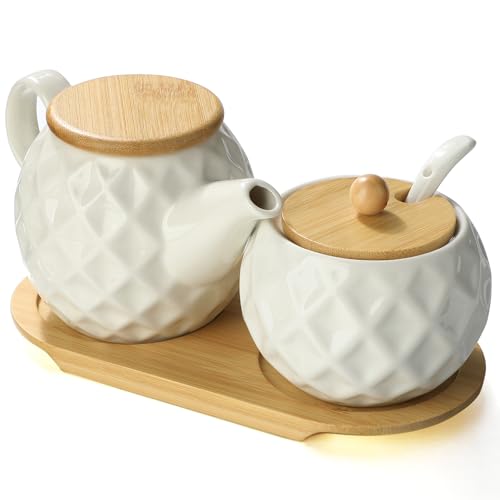 Ceramic Creamer & Sugar Sets,12oz Cream Pitcher, 7.5oz Sugar Bowl with Tray