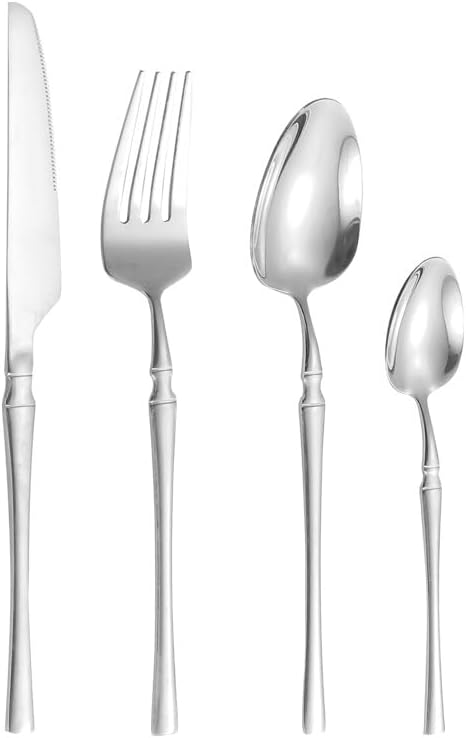 Silverware Flatware Set, 4/16/24/32/40/48pcs Stainless Steel Cutlery Set Steak Knife Fork Spoon Hotel(Silver,32 Pieces for 8)