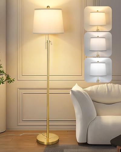 Qingmiao Stehlampe Wohnzimmer Modern Stehleuchte Standleuchte 140-165cm höhenverstellbare Leselampe mit Leinen-Lampenschirm 3 Farbtemperatur E27 Fassung Gold (9W Glühbirne inklusive)