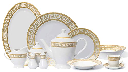 Euro Porcelain Vintage Gold 57 Piece Dinnerware Dish Serving Set 'Greek Key Gold' - Hq Fine China Tableware Service For 8 #TOP6