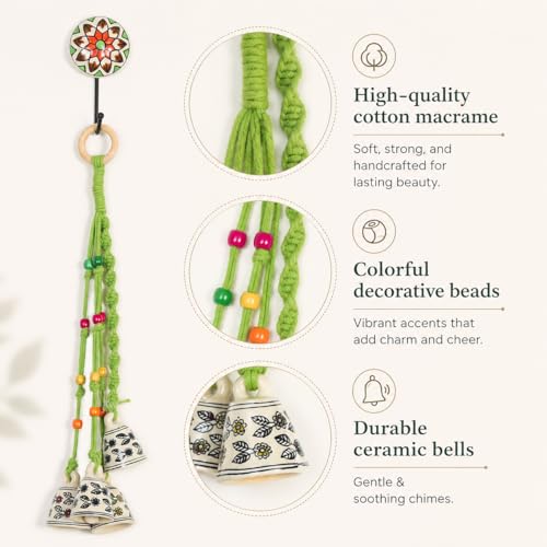 Image of KAAMERI BAZAAR Macrame Wind Chimes Enhance Living Space for Diwali (4 Bells, 1 Ring Tied with Green Macrame Thread)