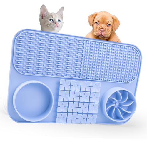 Alfombrilla comedero mascotas, tapete comedero anti-voracidad, bebedero, perros y gatos, alfombra para alimentos animal de silicona, libre de BPA. Antideslizante. También comidas cremosas.(Azul)