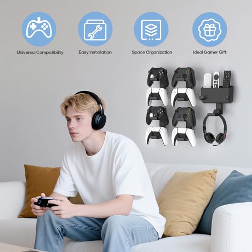 Image of Controller & Headset & Remote Holder Wall Mount with No Drill, 4 Packs Gaming 8 Controllers Hanger Hook Mount for PS5 /PS4 /XBOX /Switch, Headphone Stand & Remote Control Holer Wall Shelf with Adhesives