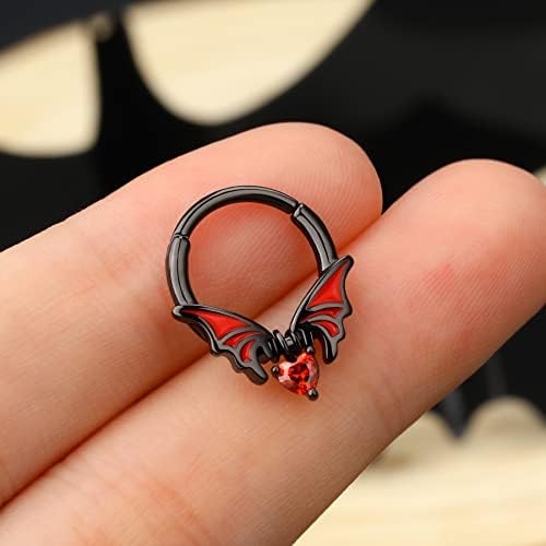 Melighting 16G Bat Septum Ring Cartilage Hoops Hinged Segment Ring 316L Surgical Steel Helix Earrings Daith Conch Hoops Dangle Heart Septum Piercing Jewellery for Halloween