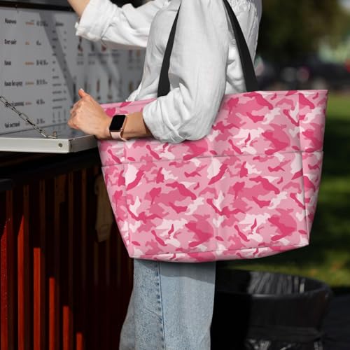 Large Beach Bags Water-resistant Sandproof - Pink Camouflage Cute Beach Tote Bags for Women with Zipper 6