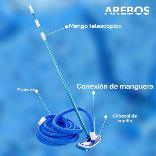 Miniatura 3 de Arebos Cepillo De Piscina Limpiador De Piscinas Cepillo De Succión Pértiga Telescópica Aspirador De Piscinas Con Manguera Aspirador Para Fondo De Piscina Aspirador Manual Para Piscinas