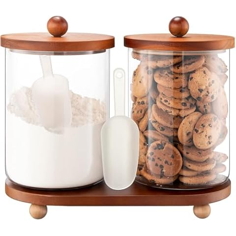 FavorFlavor Set of 2 101OZ Glass Jars with Airtight Lids Canister Sets for Kitchen Counter Flour Glass Storage Containers with Wooden Lid and a Tray for Kitchen or Laundry Room Cover