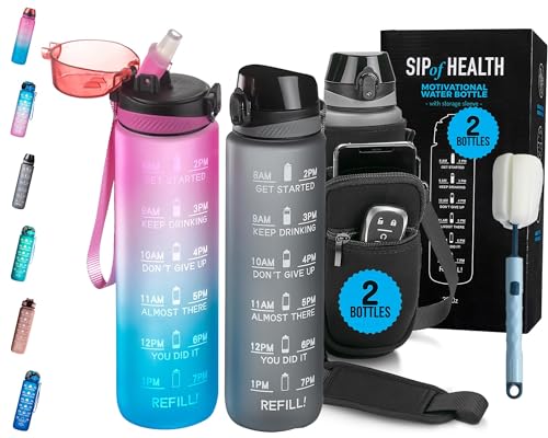 2 PACK: 32 Oz Water Bottle with Time Marker - Motivational Gym Water Bottle with Strap & Holder for Everyday Use | Water Bottles with Times to Drink | Big Water Bottle with Straw, Leak Proof & Durable