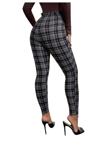 WDIRARA Women's Plaid Paperbag Waist Tie Front Stretch Belted Skinny Pants2