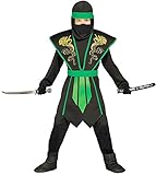 FÜR KLEINE SUPERHELDEN: mit diesem beliebten Kinder Ninja Kostüm für Jungen in schwarz grün mit goldenen Drachenprint schlüpft ihr Kind in die Rolle eines gefährlichen Ninja-Kämpfers und ist perfekt ausgerüstet für die nächste Motto-Party, den Geburtstag, für Fasching oder Karneval