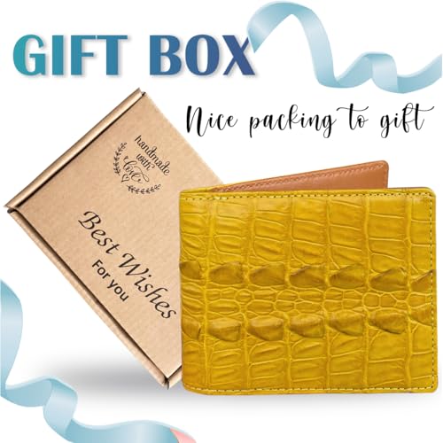 Image of HATA Yellow Exotic Bifold Leather Wallet with Hidden Compartment, Men's Minimalist RFID Blocking Wallet with ID Window & Credit Card Holder, Men Handmade Gift for Birthday, Father's Day VINAM-109