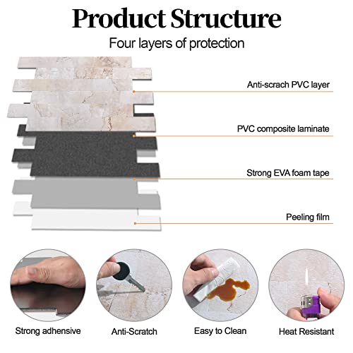 10-Pack Peel And Stick Tile Backsplash For Kitchen 12"X12" Thicker Stone Panel Stick On Backsplash For Bathroom Tile, Stair Decals, Laundry Table, Bedroom In Beige #TOP4