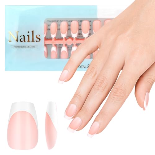 JSRQT 240 Piezas Uñas Postizas con Punta Francesa, Ataúd Corto Francés Press on Nails, Artificiales Uñas de Gel para Extensión, X-Coat Tips Pegarse en Uñas Francesas Nail Art DIY Mujeres Niñas (Nude)