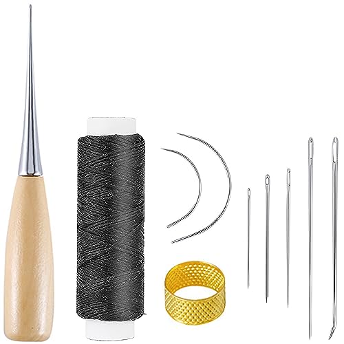 レザークラフトツール 革工具セット 針 手作り 革用 レザークラフト 縫い糸用針 指保護リング 手ワックス糸 レザーDIY 【10個セット】初心者のためのレザークラフトツールキットのサムネイル