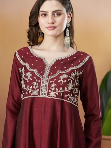 Image of MOKOSH Women's Silk Anarkali Kurta Pant with Dupatta | Anarkali Kurta Set | Embroidered | Ethnic Wear | Notch Neck Full Sleeve
