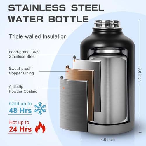 Image of GAZLEMHO Insulated Water Bottle 64 oz, Half Gallon Water Jug Cold 48H, BPA Free Stainless Steel Bottles with Straw /Chug 2-in-1 Lid, Bag, Paracord Handle, Silicone Boot, Sports Gym School Metal Flask