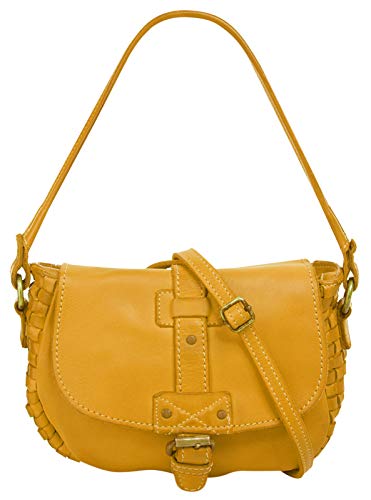 Cluty Umhängetasche Echt Leder Damen Made in Italy | Crossbag mit Flechtoptik | Handtasche mit Zierschnalle | 2in1 Damentasche gelb 020892