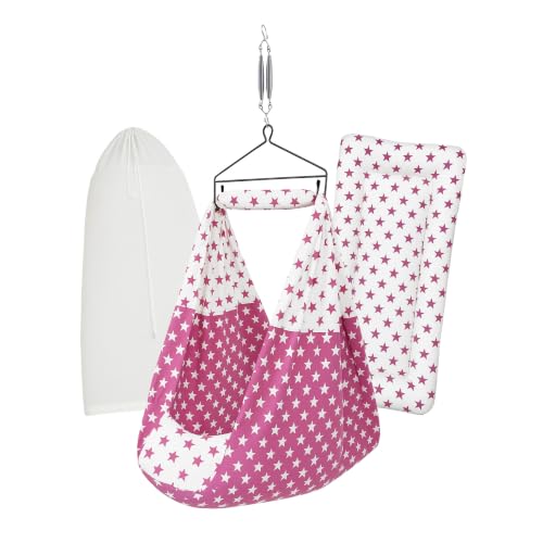 Image of Premium Swing Cradle Set | Cradle Cloth, Padded Bed, Mosquito Net, Heavy-Duty Spring & Triangle Hanger | Up to 15 kg | Pink Star