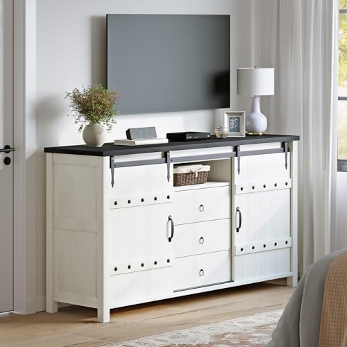 REAHOME Buffet Cabinet with Storage, 60\" Sideboard Buffet Cabinet with Sliding Barn Doors & 3 Drawers, Farmhouse Wood Coffee Bar Cabinet Buffet Table for Kitchen, Dining Room,Living Room, White