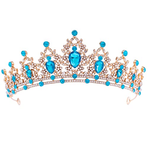 FORSEVEN Crystal Tiaras for Women, Wedding Tiaras and Crowns for Women Tiaras for Girls Birthday Party Princess Crown Hair Accessories Bride Rhinestone Headbands (Gold+Lake Blue)