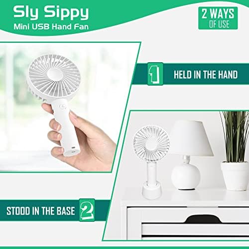 Sly Sippy Handheld 21 cm USB Fan | Mini Portable Hand Held Quiet Rechargeable Hand Fans | Desk Fan Battery Operated 3 Speed Small Fan with Base for Home Outdoor Travel Office Camping Events  White