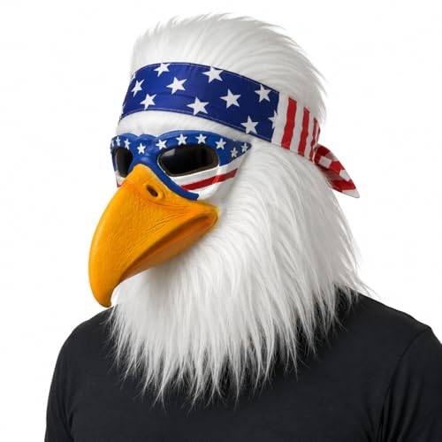 Realistic full-head latex eagle mask with white faux fur bright yellow beak and American flag-style headband suitable for parties cosplay Halloween and themed events.