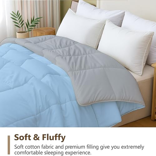 Image of Bed Comforter - Double Size - Light Blue & Light Grey - 300 GSM Quilt Blanket Rajai - Winter Warm Down Alternative Duvet Insert with Corner Ties