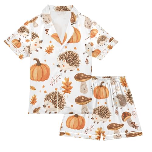 senya Hedgehog and Pumpkin Satin Summer Pajama Sets Silk Short Sleeve Button Down Sleepwear